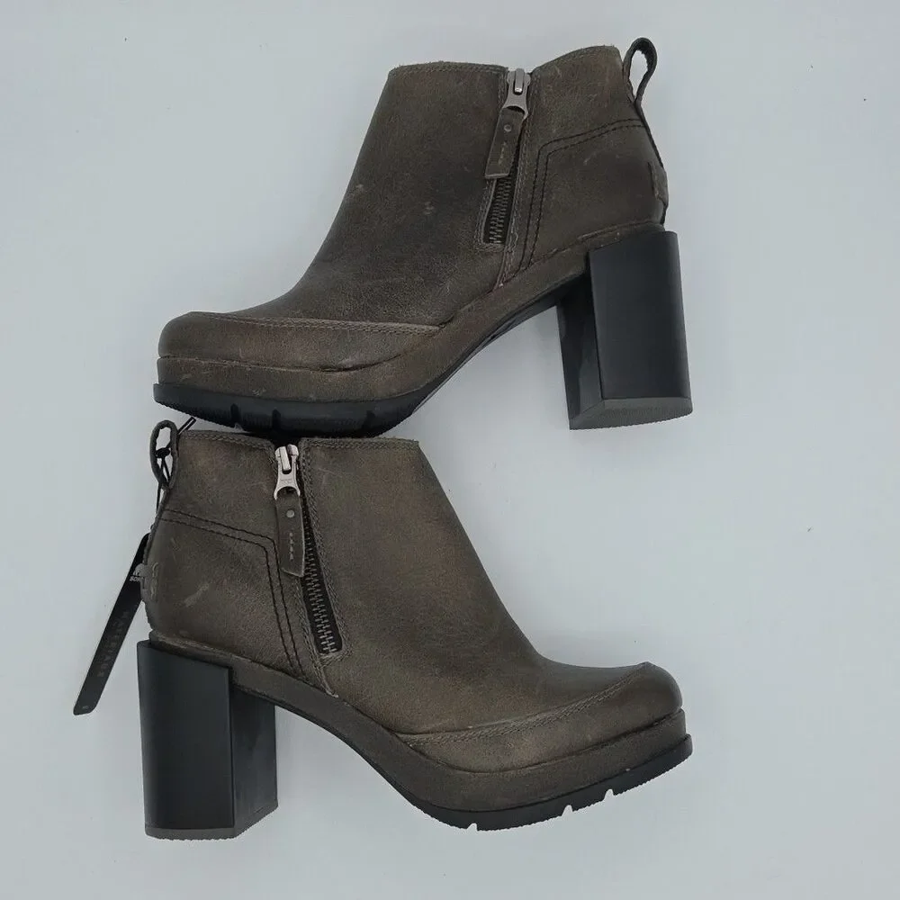 NWOB Sorel Blake Chunky Bootie Block Heel Quarry Gray Size 6.5 Side Zip Leather